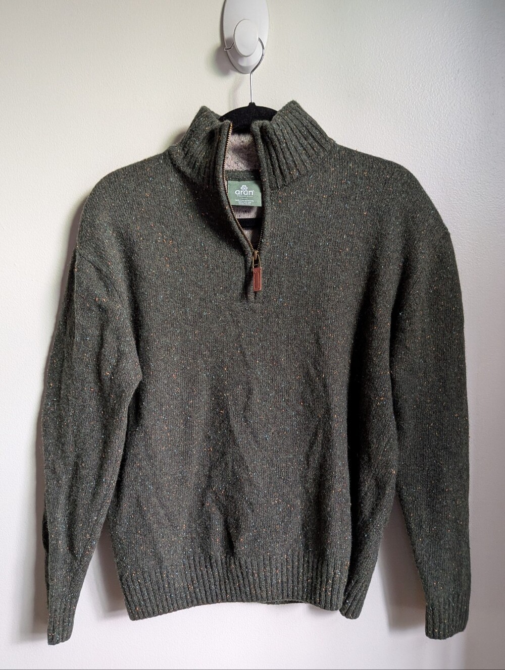ARAN CRAFTS Olive Green Cabin Lambswool Zip-Neck Wool Knit Sweater Size Medium